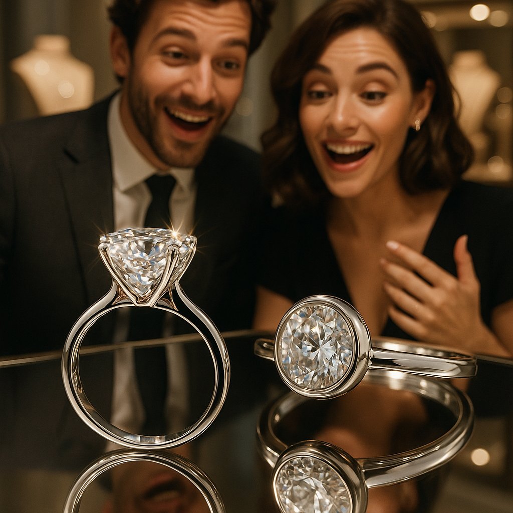 Close-up comparison photo of a diamond basket setting and a low-profile bezel setting on engagement rings.