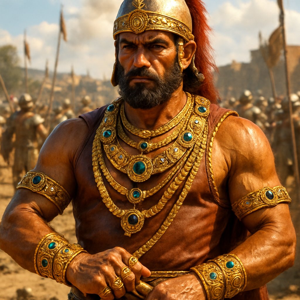 Ancient Greek warrior wearing bronze armor and gold jewelry into battle with dramatic lighting