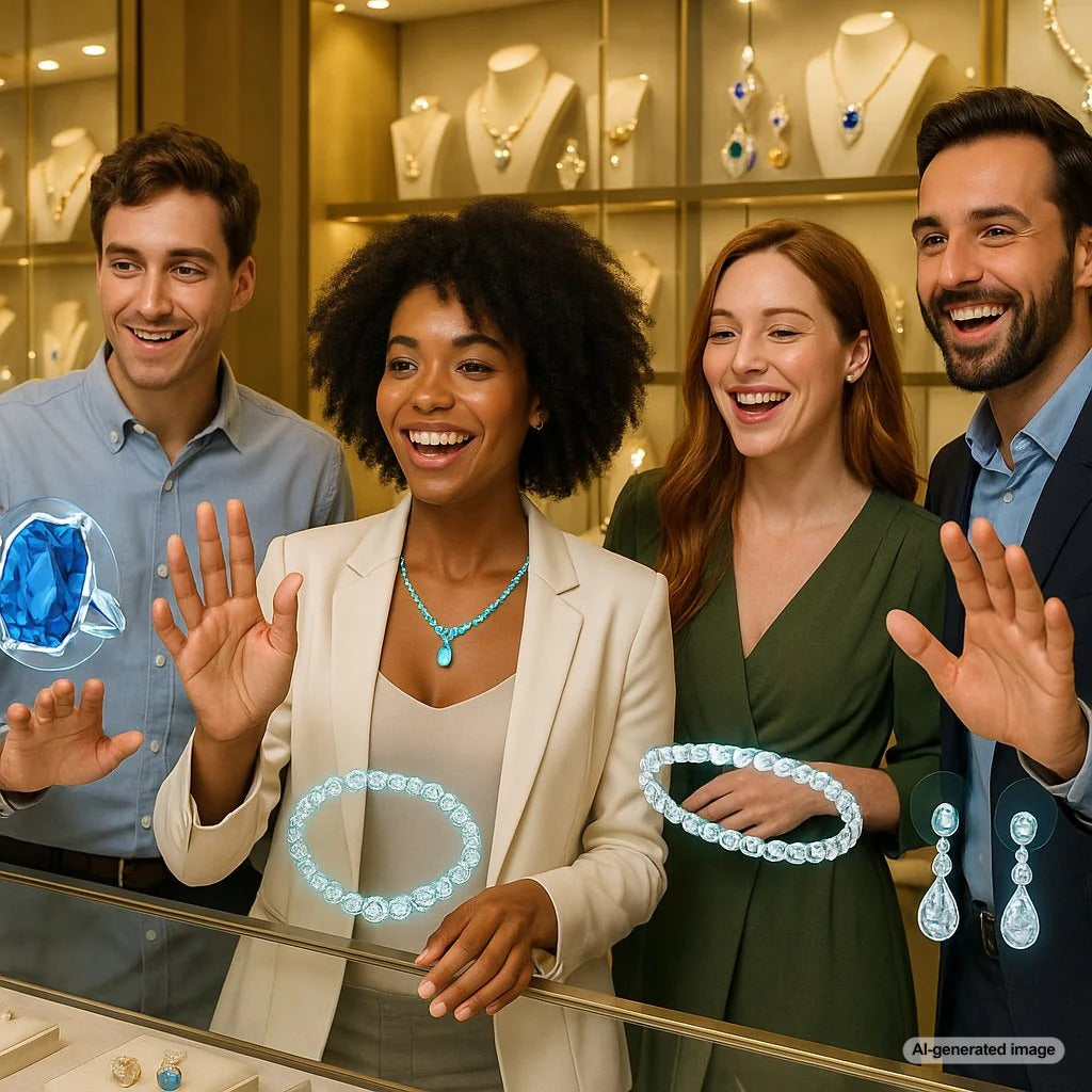 Woman using smartphone to virtually try on a diamond ring with augmented reality technology