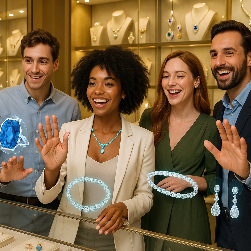Woman using smartphone to virtually try on a diamond ring with augmented reality technology