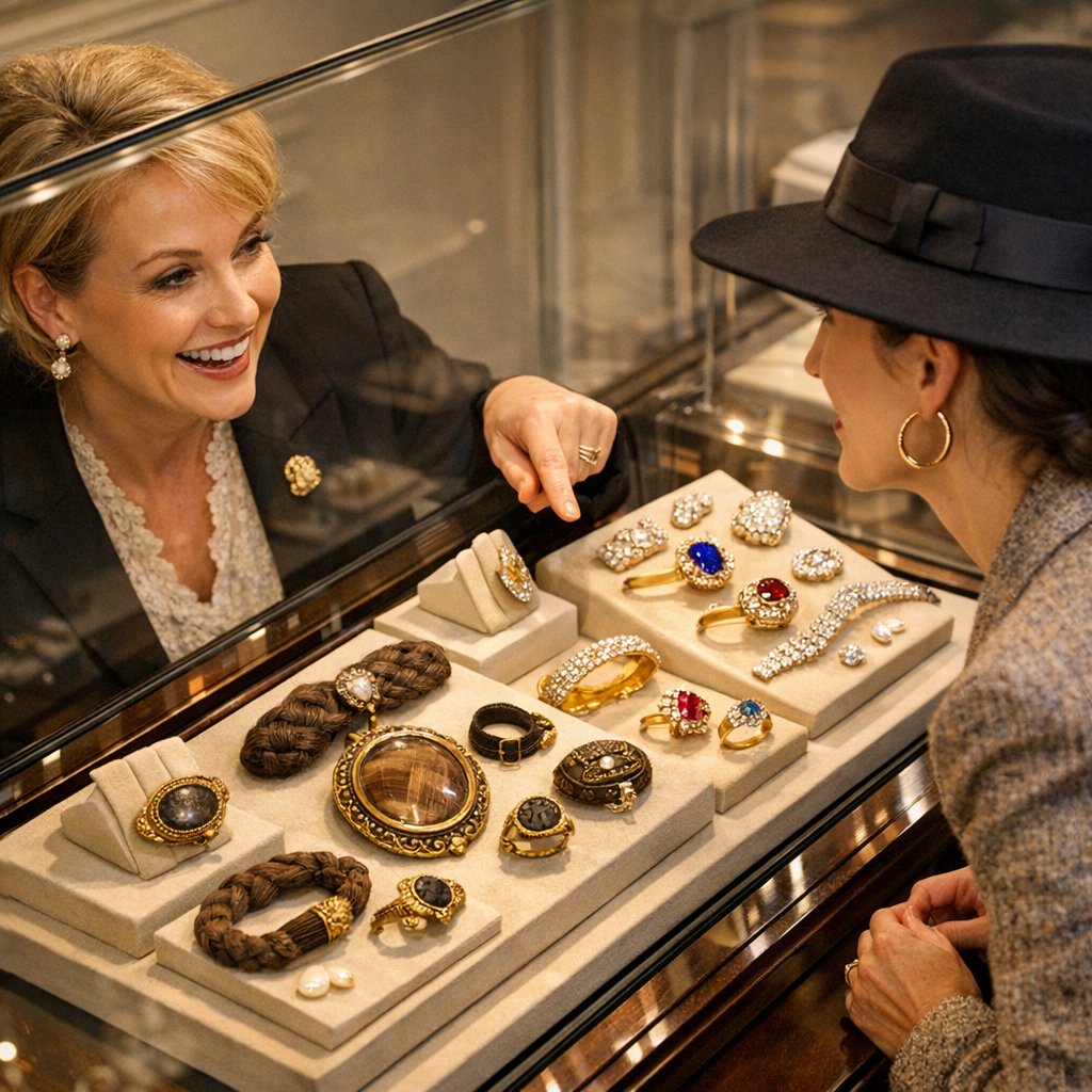 Close-up of a conserved Victorian hairwork jewelry piece featuring intricate braiding, displayed in a museum case.