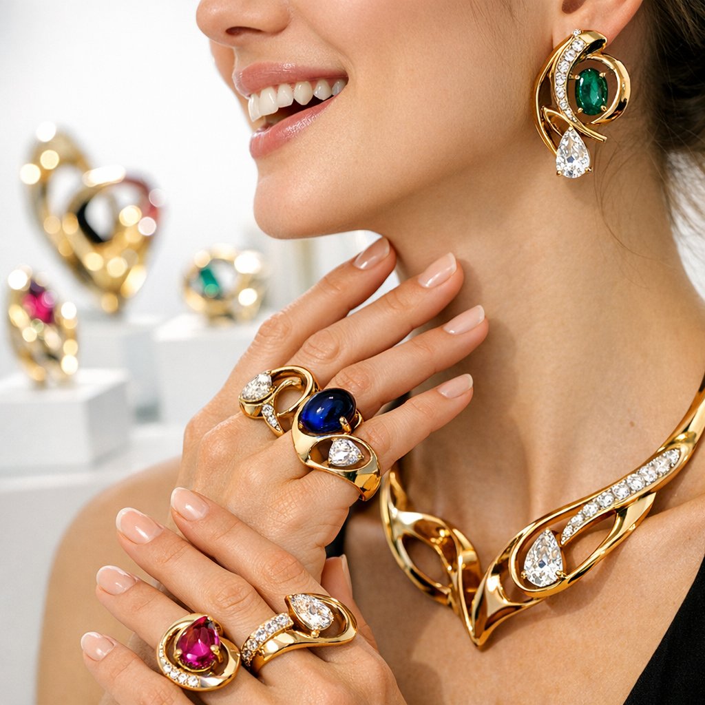 Close-up of a contemporary art jewelry ring featuring dramatic negative space and organic, flowing gold forms, showcasing modern design.