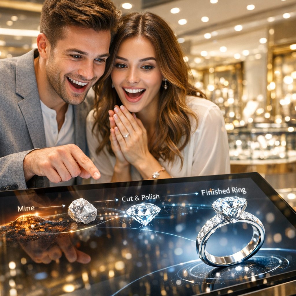 Close-up of a brilliant cut diamond with a digital blockchain network overlay, symbolizing high-tech traceability in the jewelry industry.