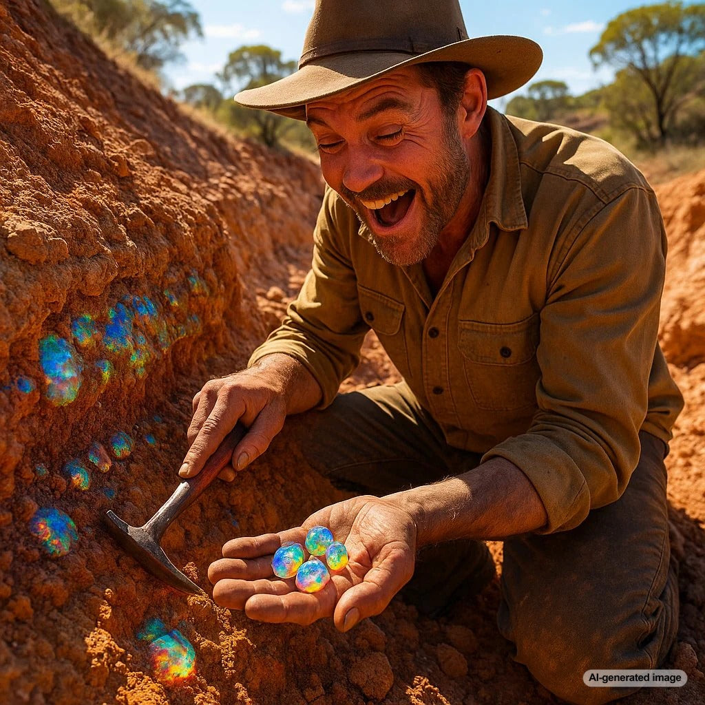 Close-up of rough opal stones freshly extracted from the earth, showing vibrant flashes of color within the rocky matrix.