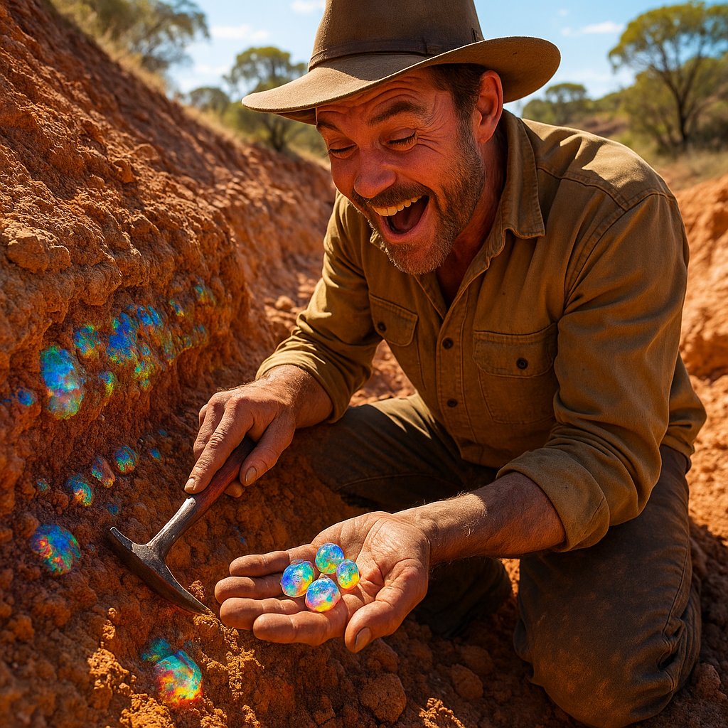Close-up of rough opal stones freshly extracted from the earth, showing vibrant flashes of color within the rocky matrix.