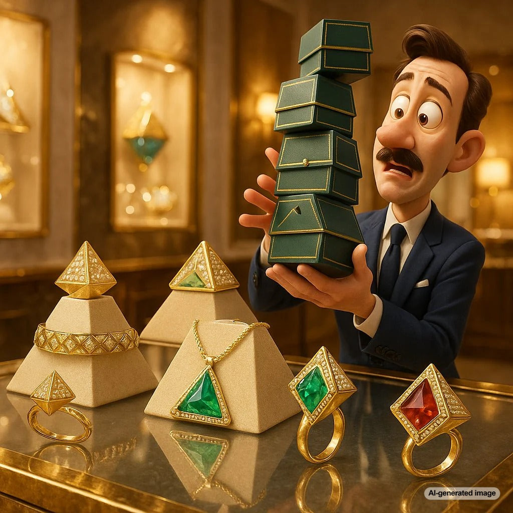 Luxury pyramid-shaped jewelry pieces from high-end collections featuring geometric designs in gold and gemstones