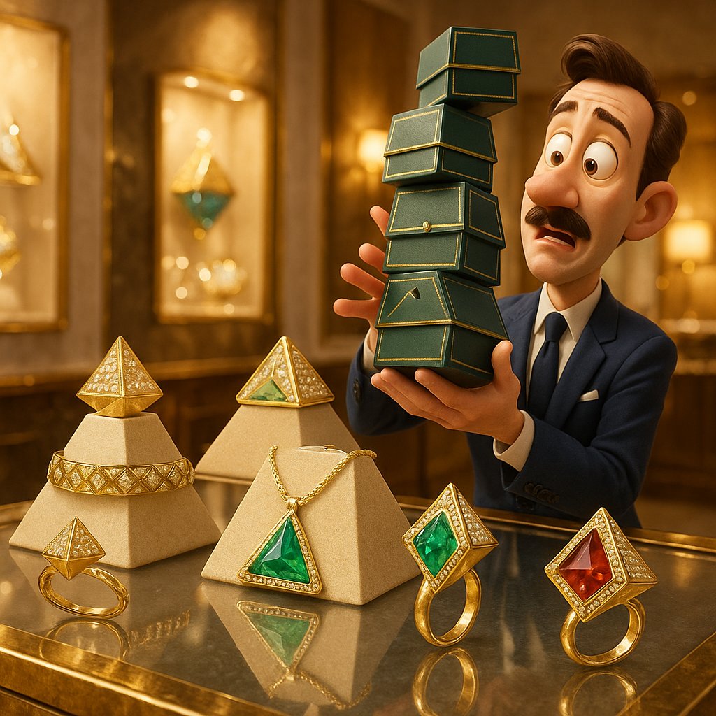 Luxury pyramid-shaped jewelry pieces from high-end collections featuring geometric designs in gold and gemstones