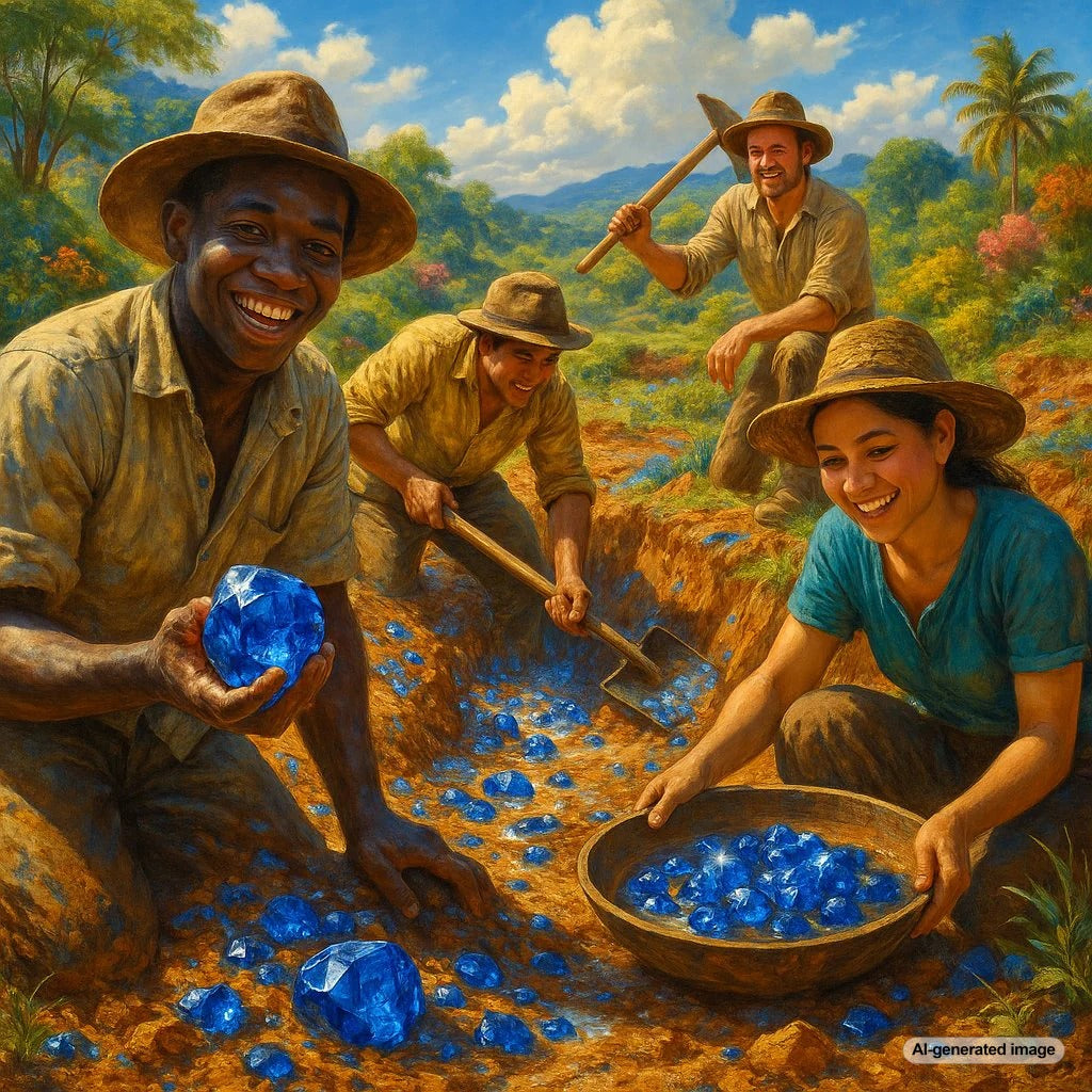 Close-up image of a miner's hands holding rough, uncut sapphire crystals and gravel straight from the earth.
