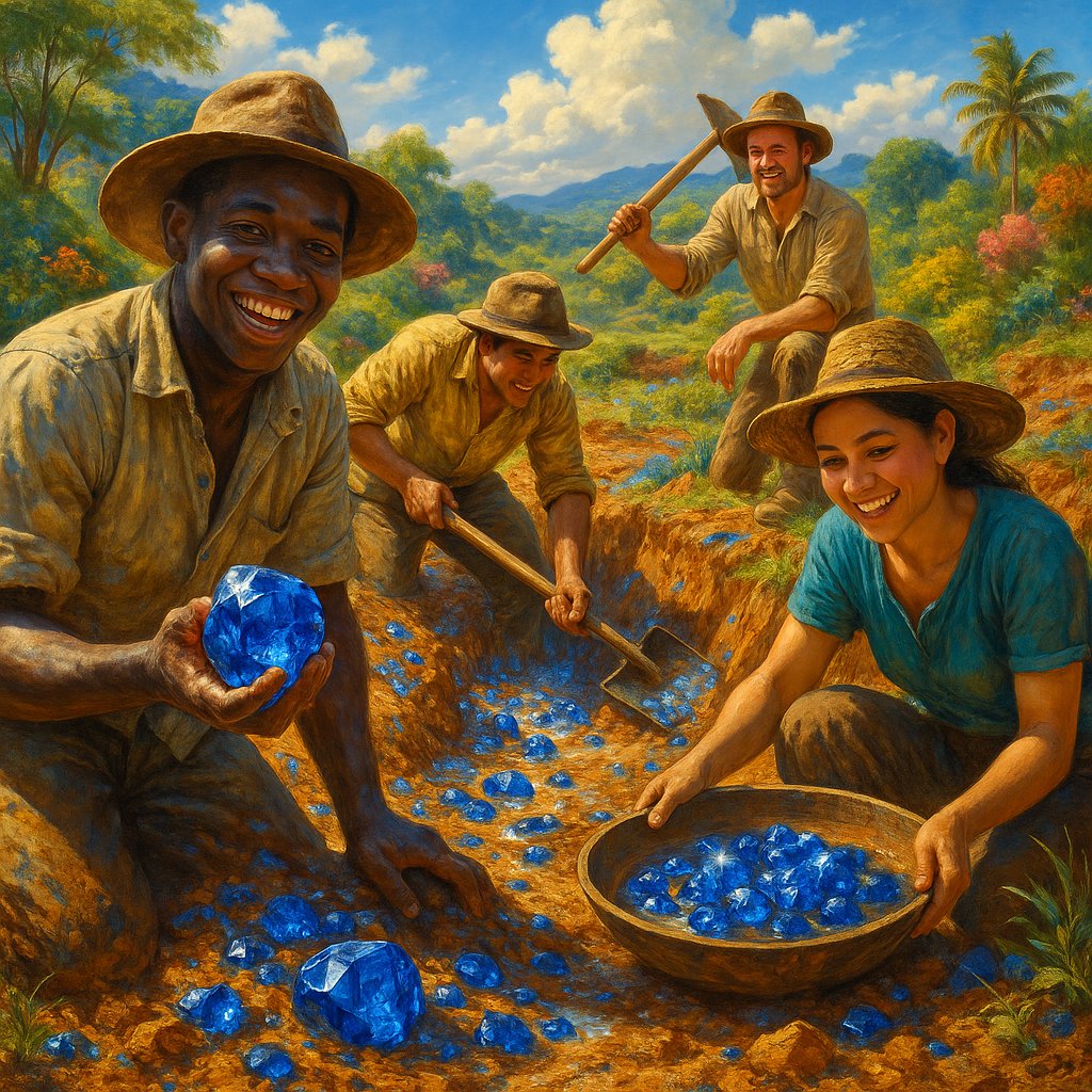 Close-up image of a miner's hands holding rough, uncut sapphire crystals and gravel straight from the earth.