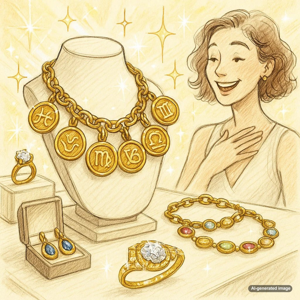 Zodiac constellation jewelry featuring delicate necklaces and rings with astrological symbols at Robinson's Jewelers