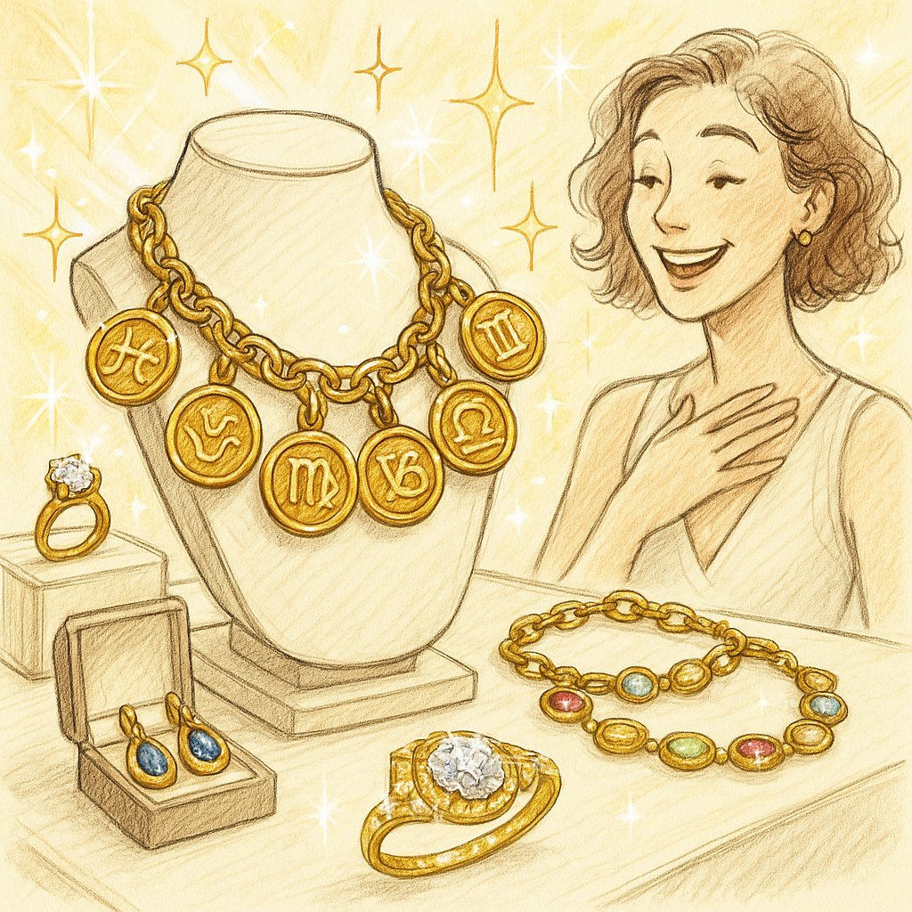 Zodiac constellation jewelry featuring delicate necklaces and rings with astrological symbols at Robinson's Jewelers