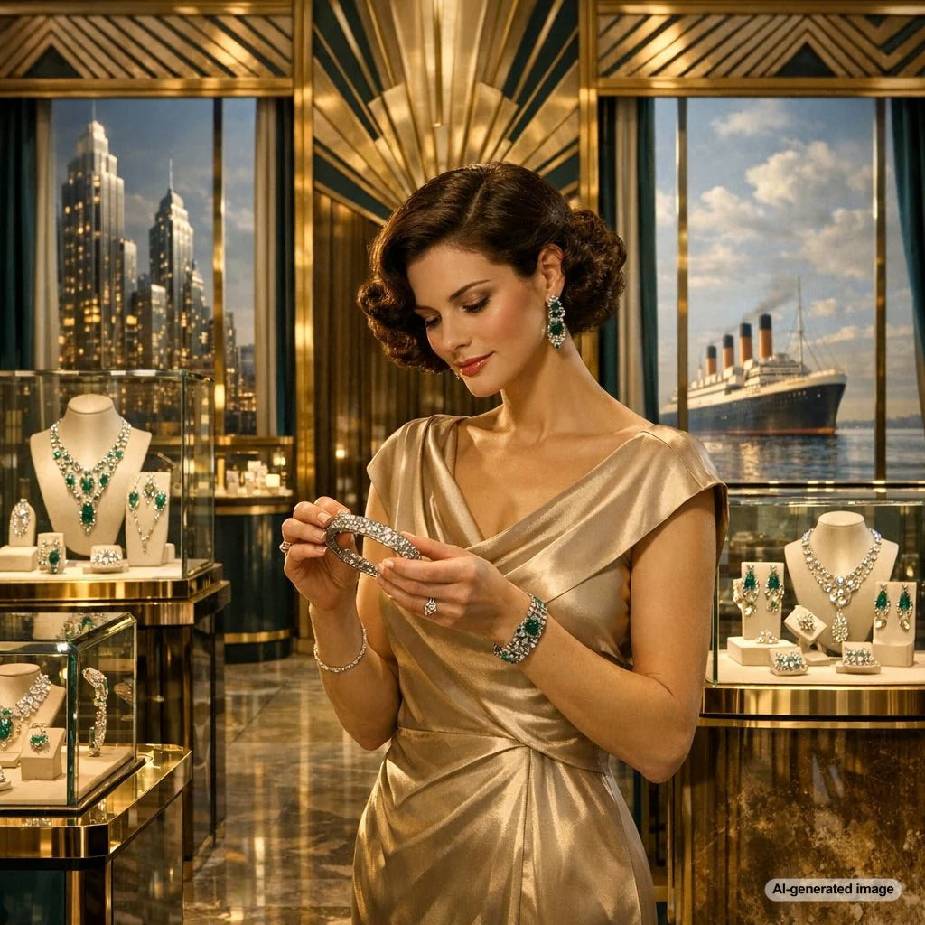 An elegant Art Deco style diamond and onyx ring displayed on a mirrored surface, reflecting the geometric design and bold contrast typical of the 1920s and 1930s jewelry era.