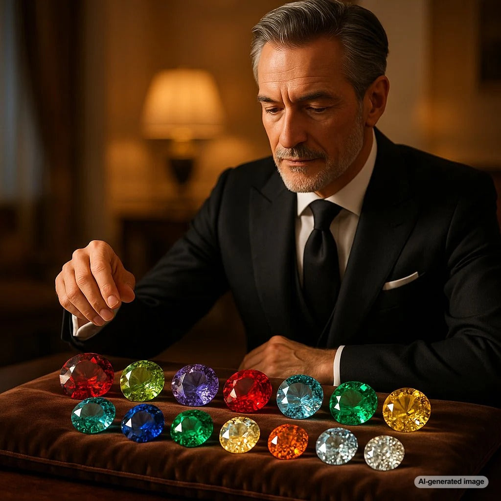 Colorful array of birthstone jewelry including rings, necklaces and bracelets displayed elegantly
