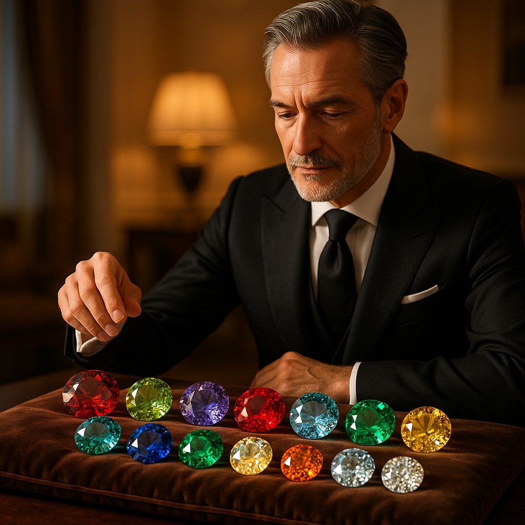 Colorful array of birthstone jewelry including rings, necklaces and bracelets displayed elegantly