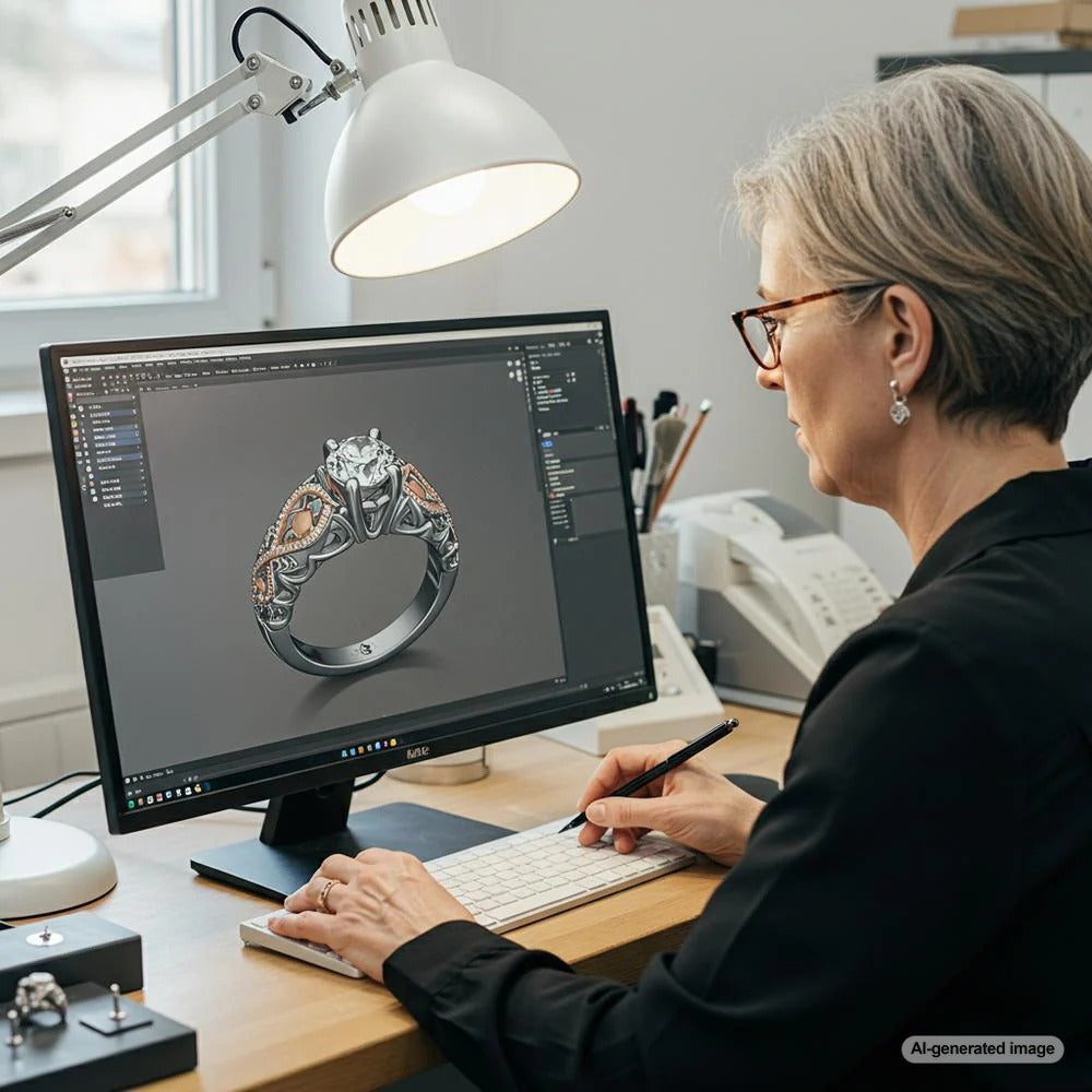 A high-tech jewelry design process using CAD software to create intricate 3D jewelry models