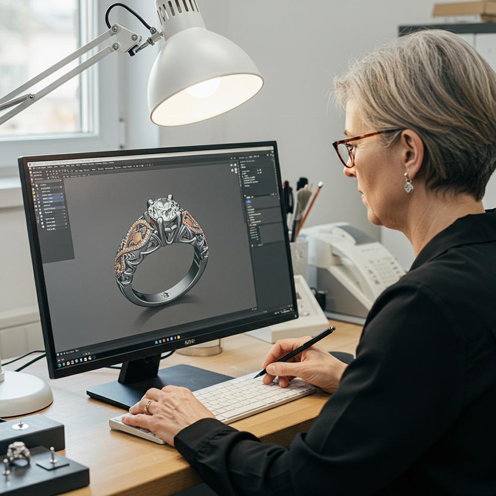 A high-tech jewelry design process using CAD software to create intricate 3D jewelry models