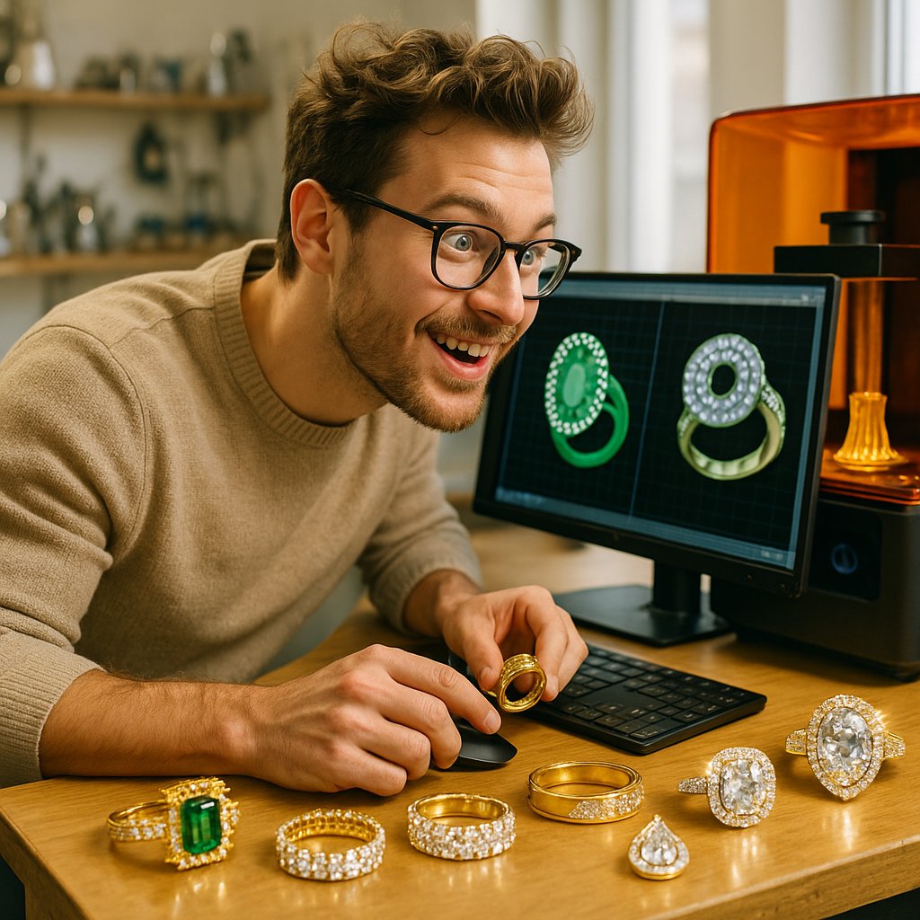Close-up of a jeweler using CAD software on a computer to design a detailed 3D model of an engagement ring, with a physical wax model of a ring next to the keyboard.