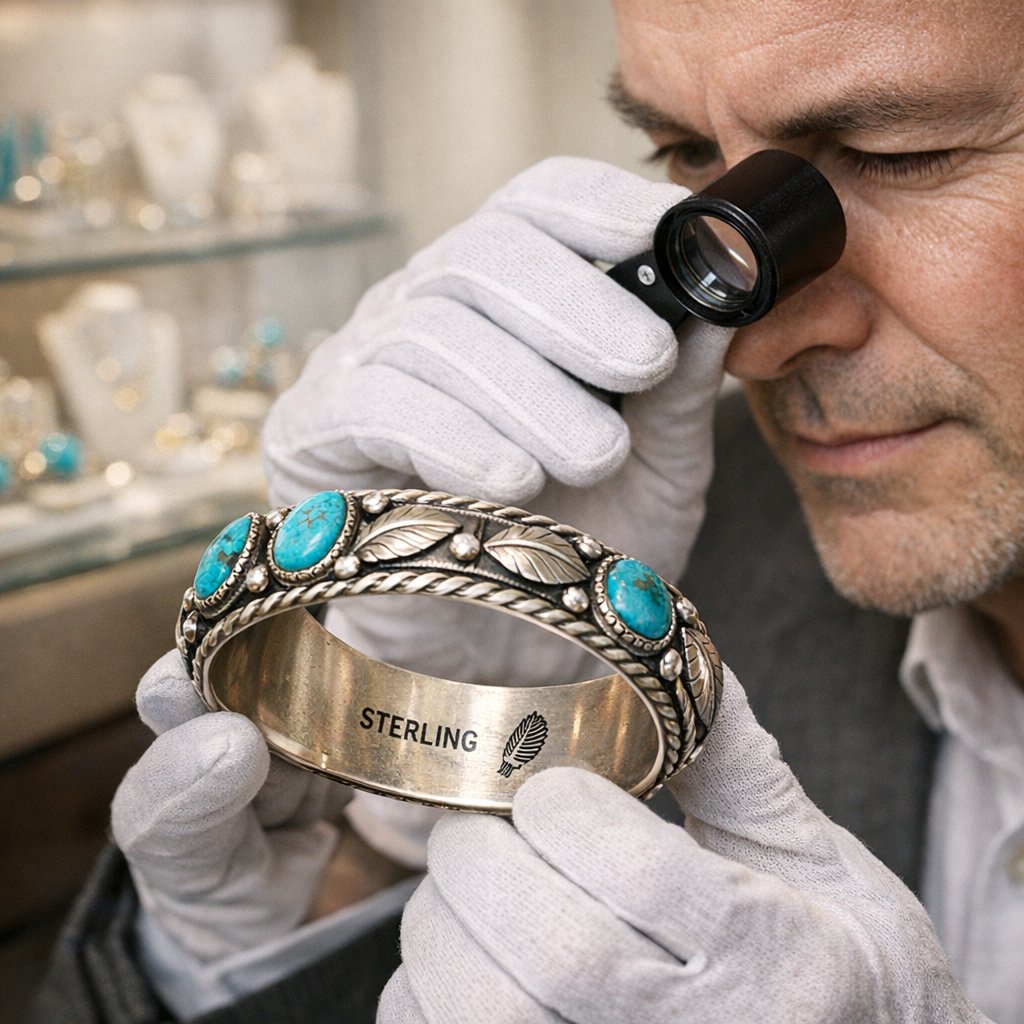 Close-up detail of an authentic Native American silver and turquoise cuff bracelet, showing intricate stampwork and a natural turquoise stone.