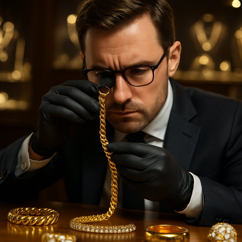 Close-up of a high-quality gold chain with intricate links, showcasing its shine and craftsmanship