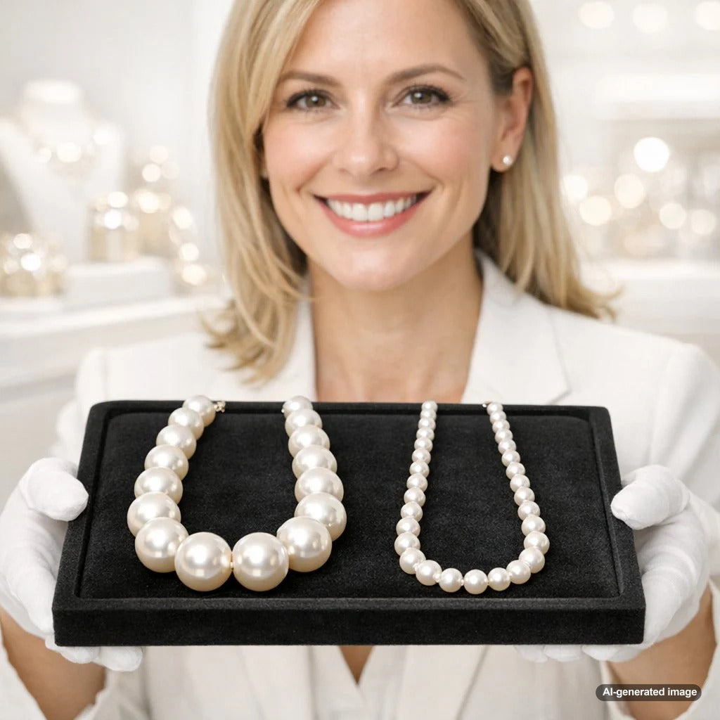 Close-up comparison of a pearl with thick, luminous nacre versus one with a thin, dull coating, demonstrating the importance of pearl quality.