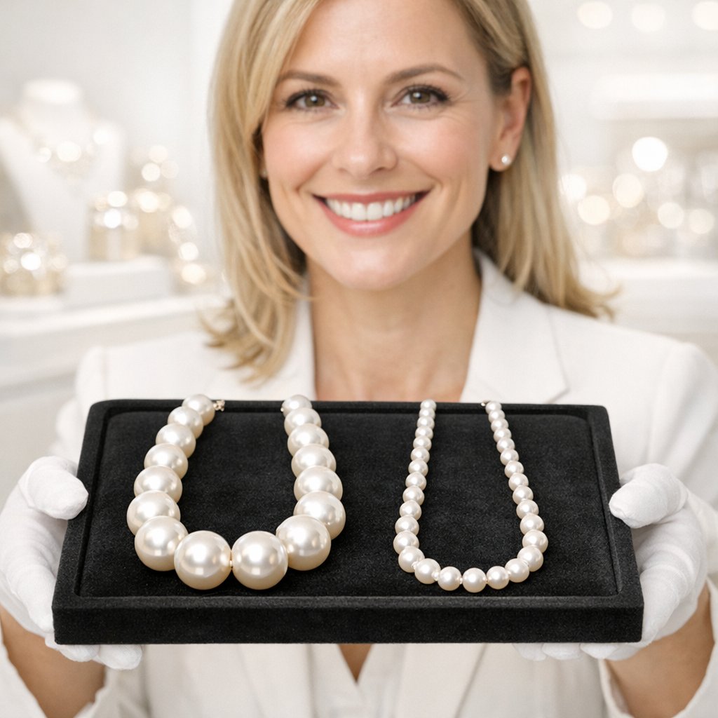 Close-up comparison of a pearl with thick, luminous nacre versus one with a thin, dull coating, demonstrating the importance of pearl quality.