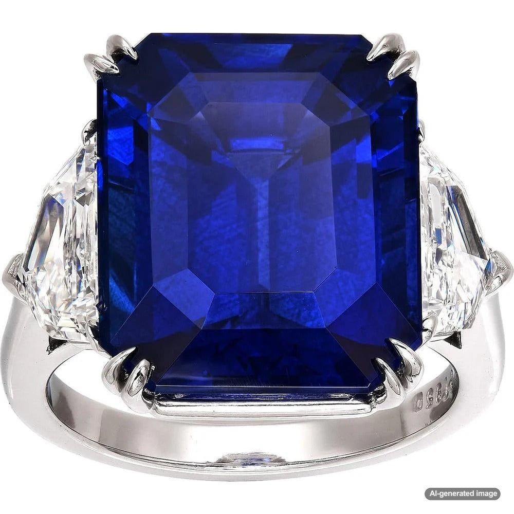A stunning blue sapphire gemstone set in an elegant white gold ring, showcasing its deep color and brilliance.