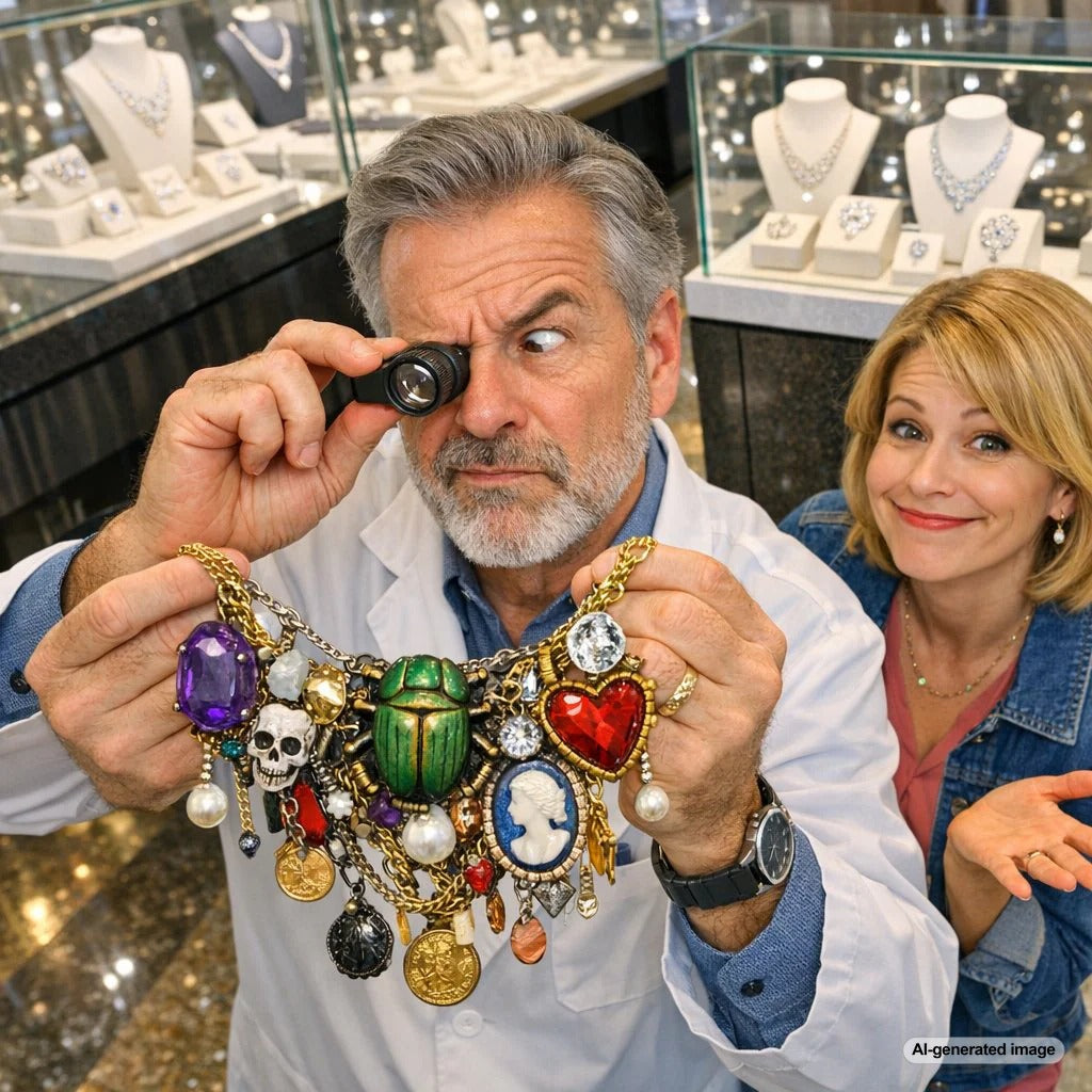 Close-up of a person inspecting an intricate antique gold ring with a jeweler's loupe, looking for hallmarks and signs of alteration.