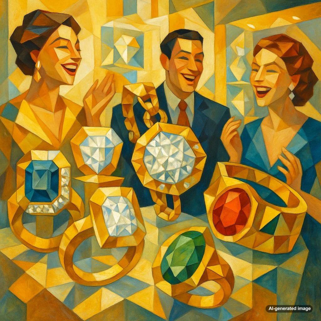 Abstract geometric jewelry with overlapping planes of gold and gemstones, inspired by Cubist art.