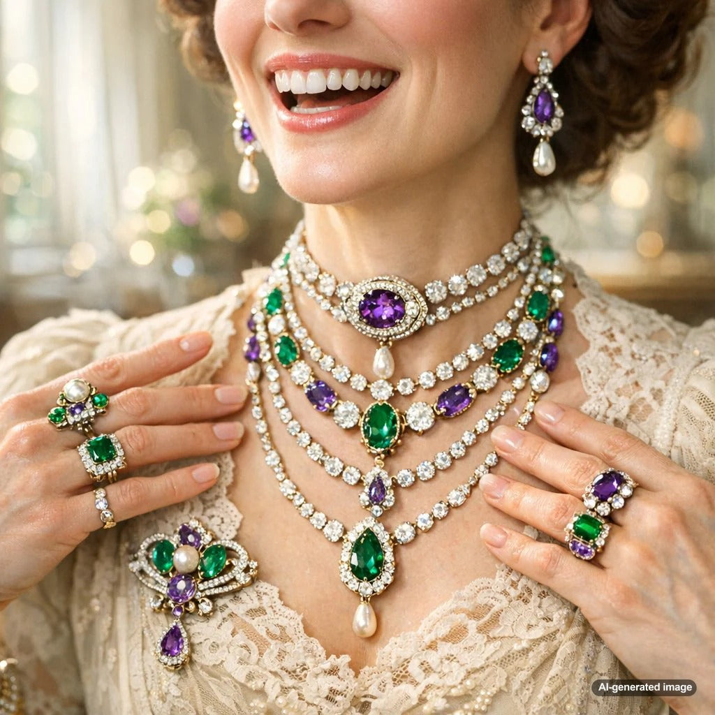 A close-up of a beautiful antique Edwardian-style ring featuring green peridot, white diamonds, and violet amethysts, representing suffragette jewelry colors.
