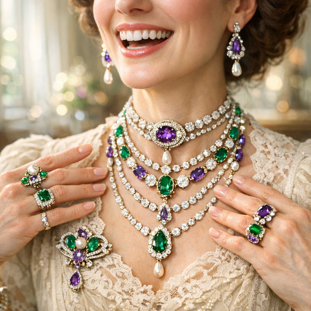 A close-up of a beautiful antique Edwardian-style ring featuring green peridot, white diamonds, and violet amethysts, representing suffragette jewelry colors.