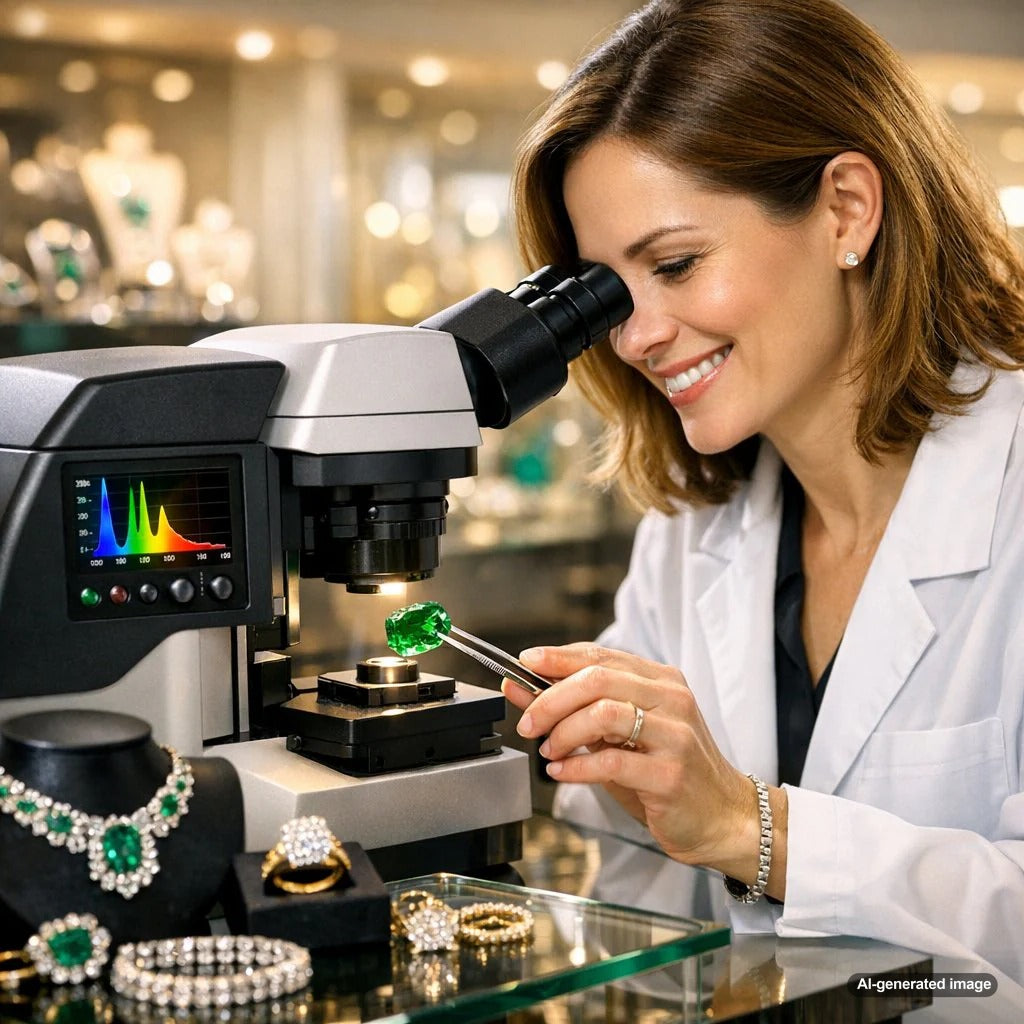 Close-up view of a brilliant emerald gemstone being analyzed by a high-tech spectrometer in a gemology laboratory.