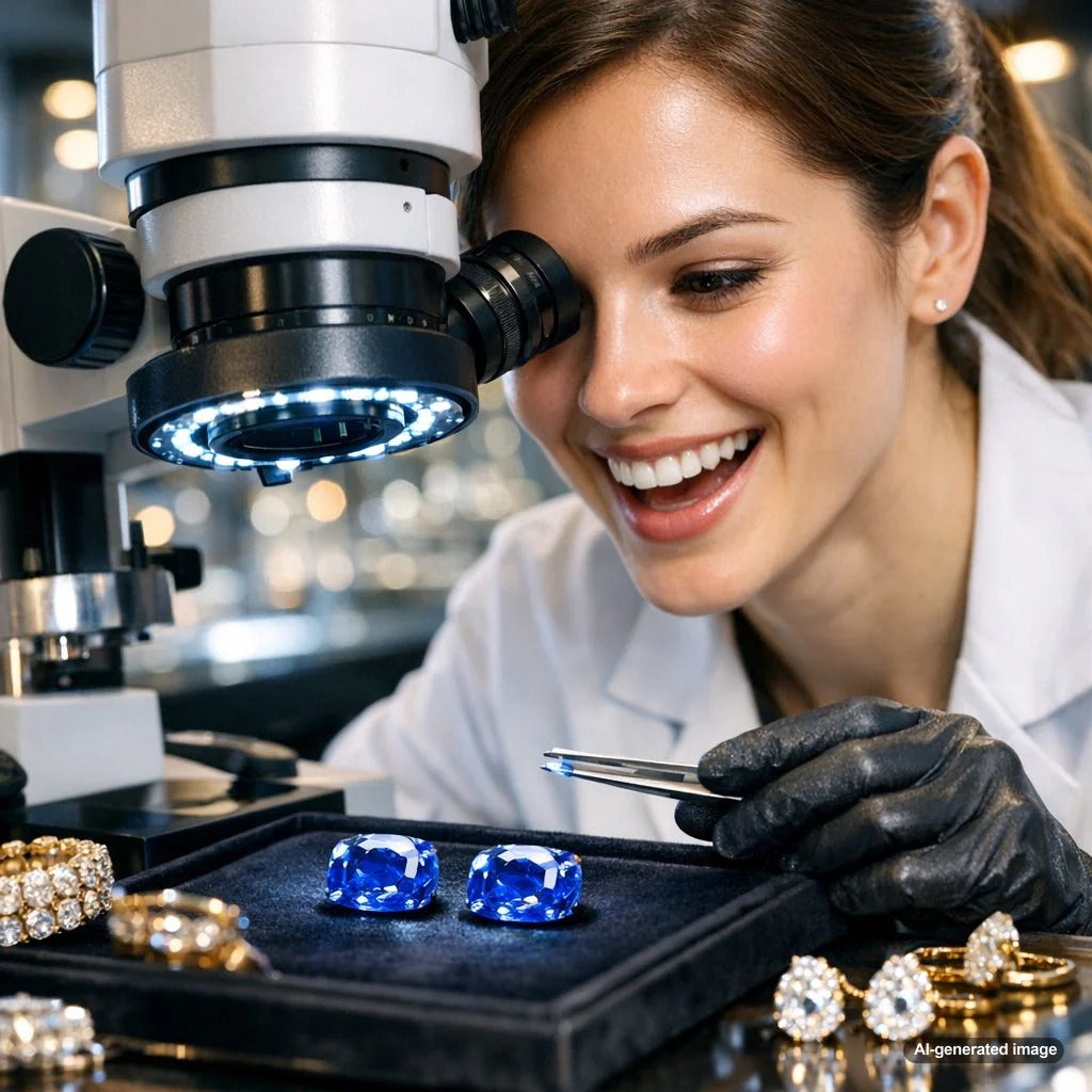 Close-up side-by-side comparison of a natural sapphire and a lab-created sapphire under a gemologist's loupe