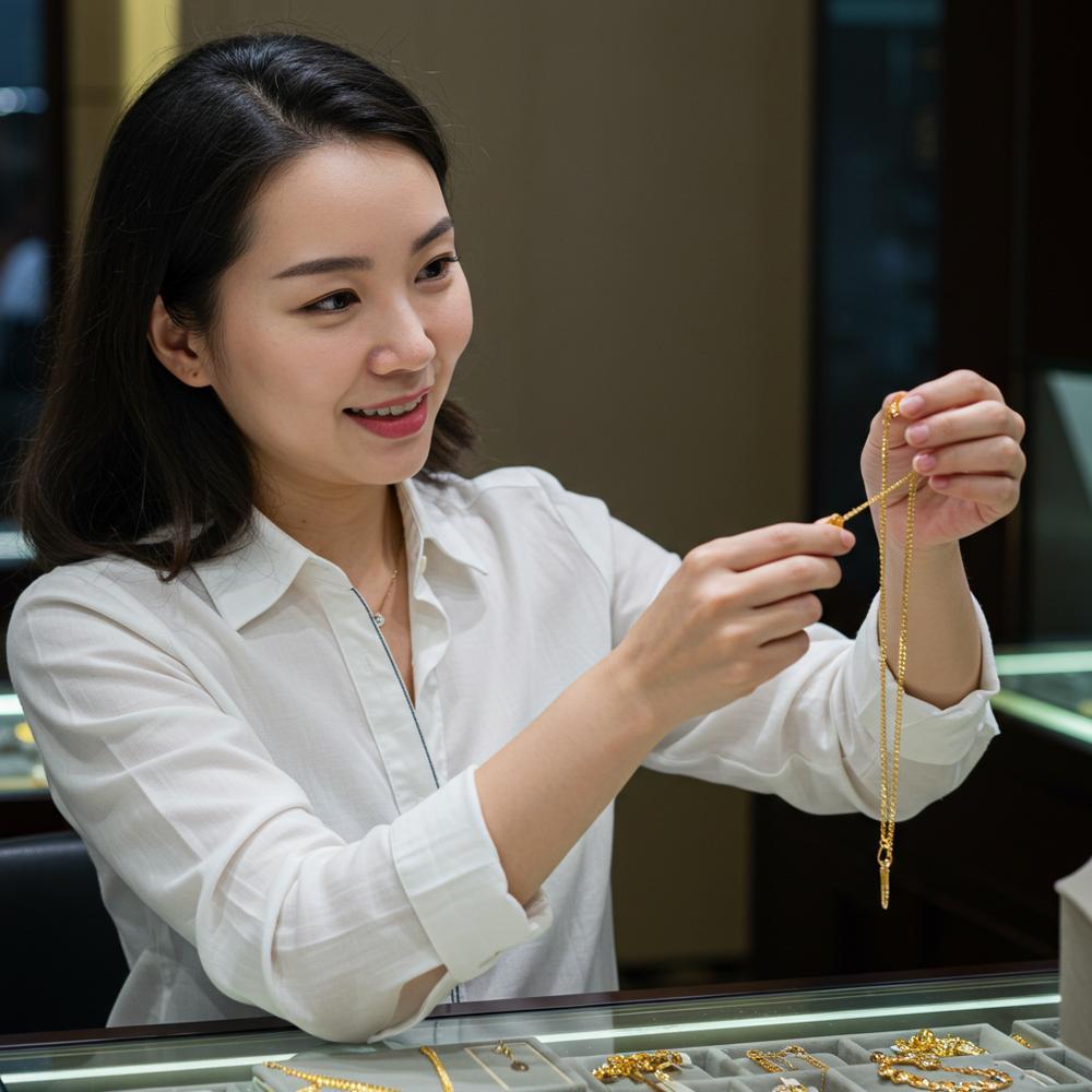 Gold chain selection guide with various chain styles and gold karat options.