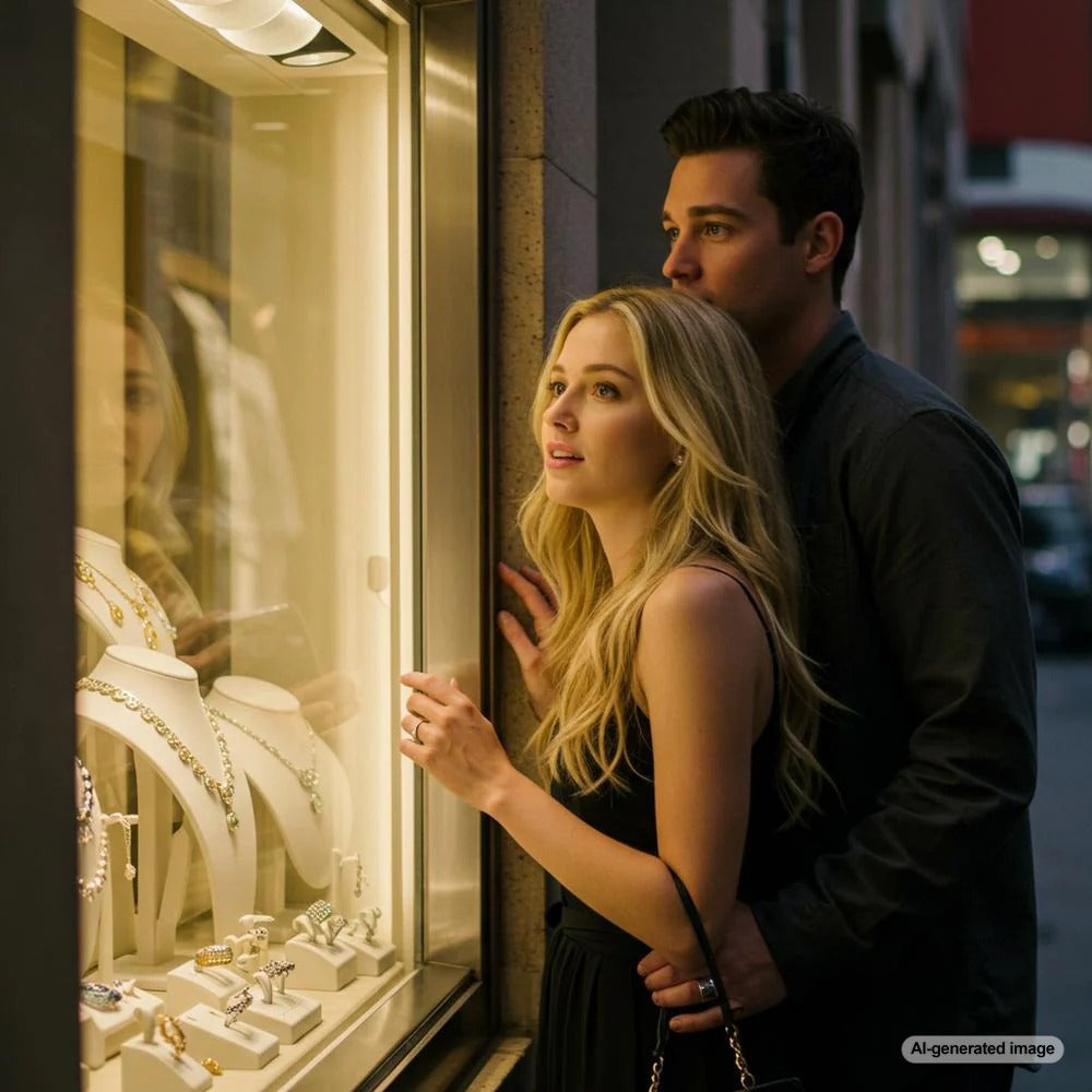 Woman admiring a stunning diamond engagement ring at Robinson's Jewelers