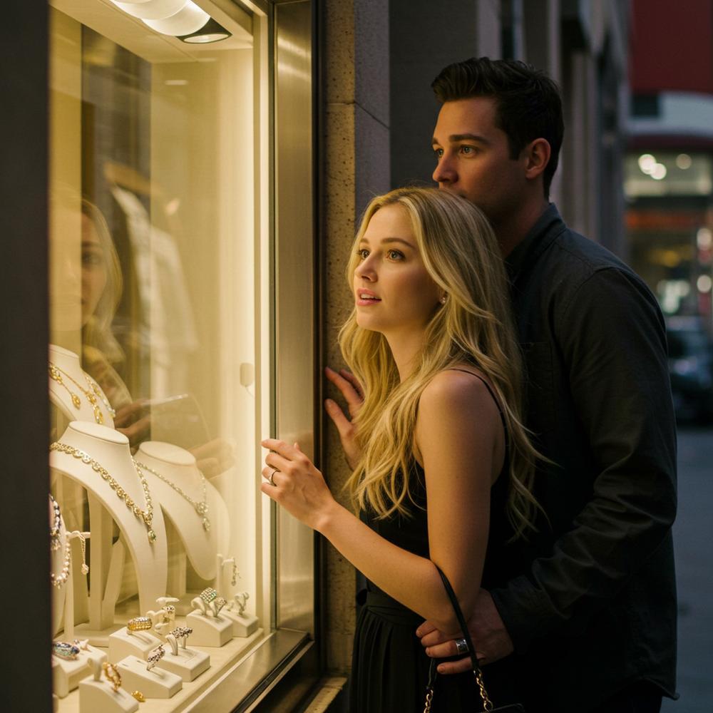 Woman admiring a stunning diamond engagement ring at Robinson's Jewelers