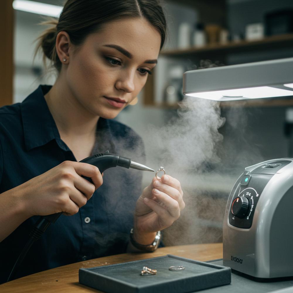 Professional jeweler cleaning a diamond ring with ultrasonic and steam tools