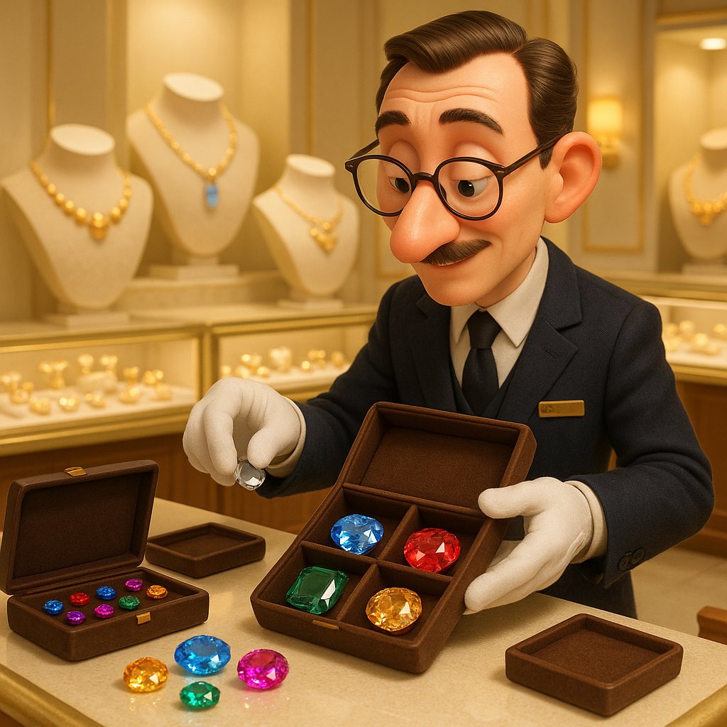 Close-up of a gloved hand placing a rare emerald into a secure, padded transport case inside a jewelry vault.