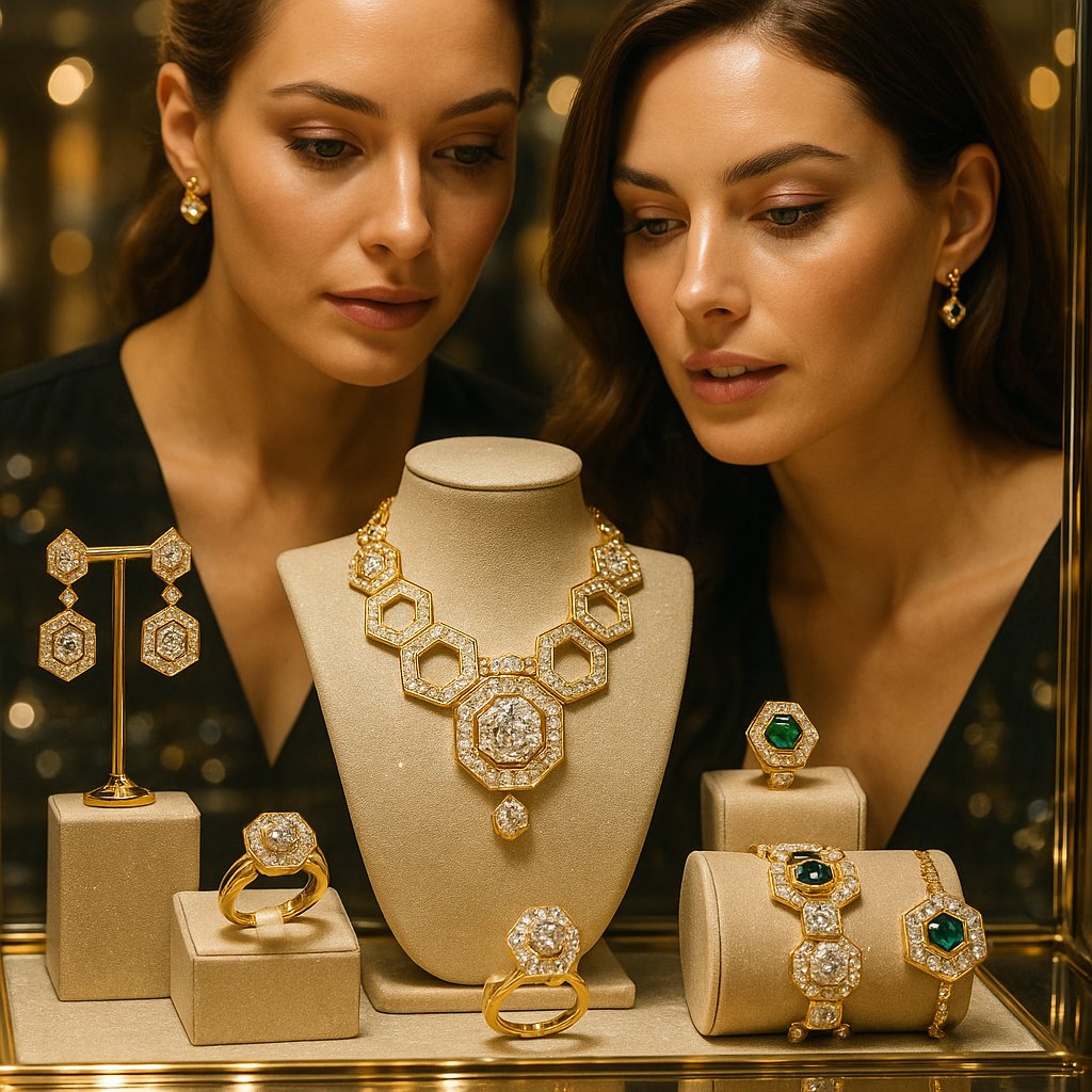 Luxury hexagonal geometric jewelry collection featuring rings, earrings and necklaces with honeycomb designs