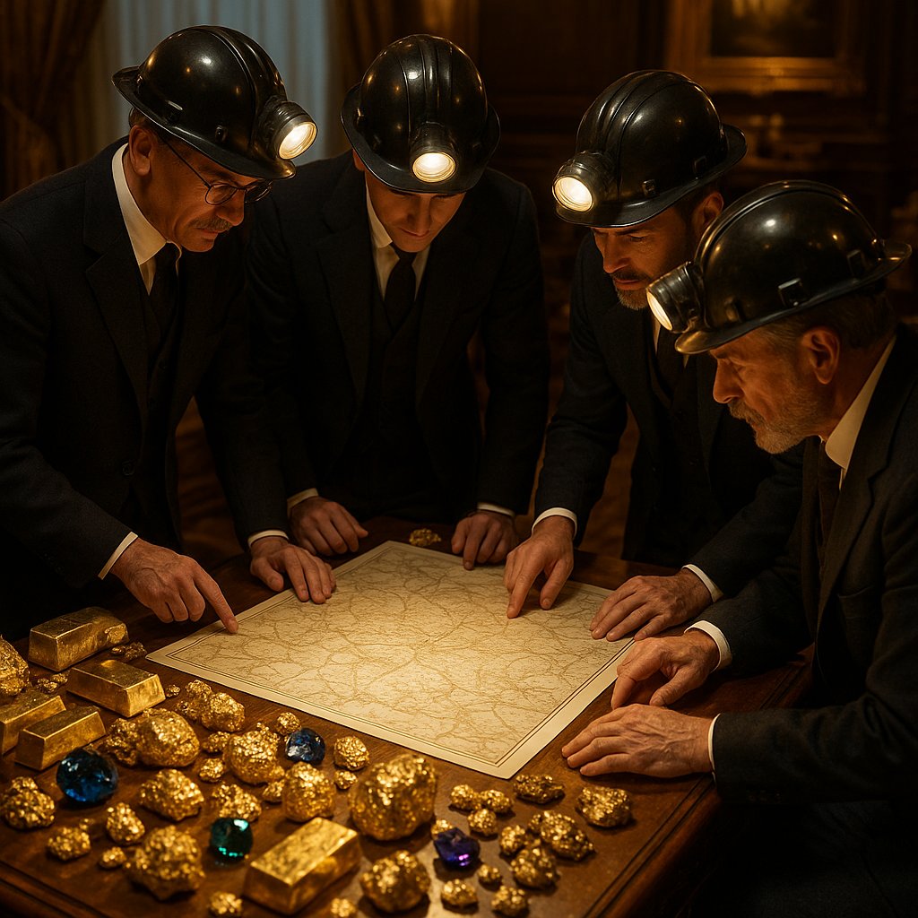 A modern gold prospector using a tablet with geological maps alongside a traditional gold pan, symbolizing the blend of old and new exploration methods.