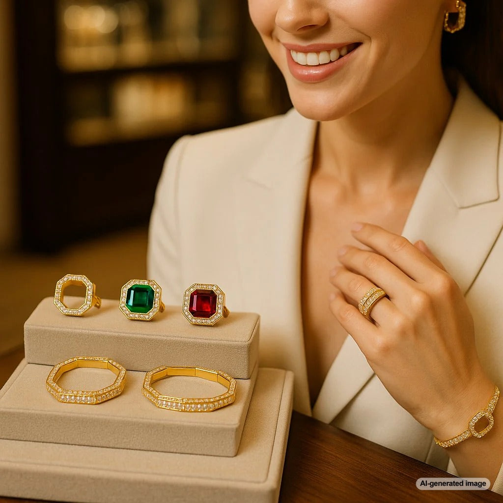 A stunning octagon-cut diamond ring and matching geometric bracelet on a woman's hand