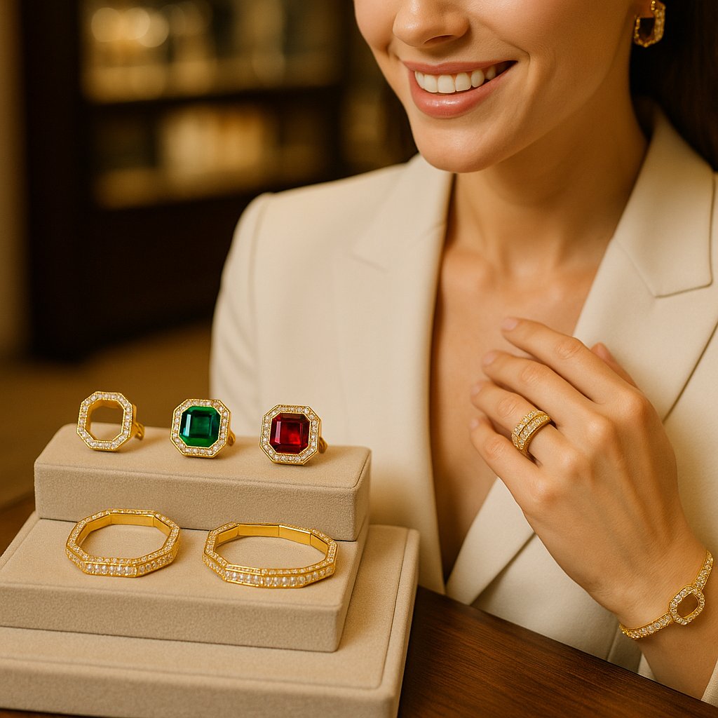 A stunning octagon-cut diamond ring and matching geometric bracelet on a woman's hand