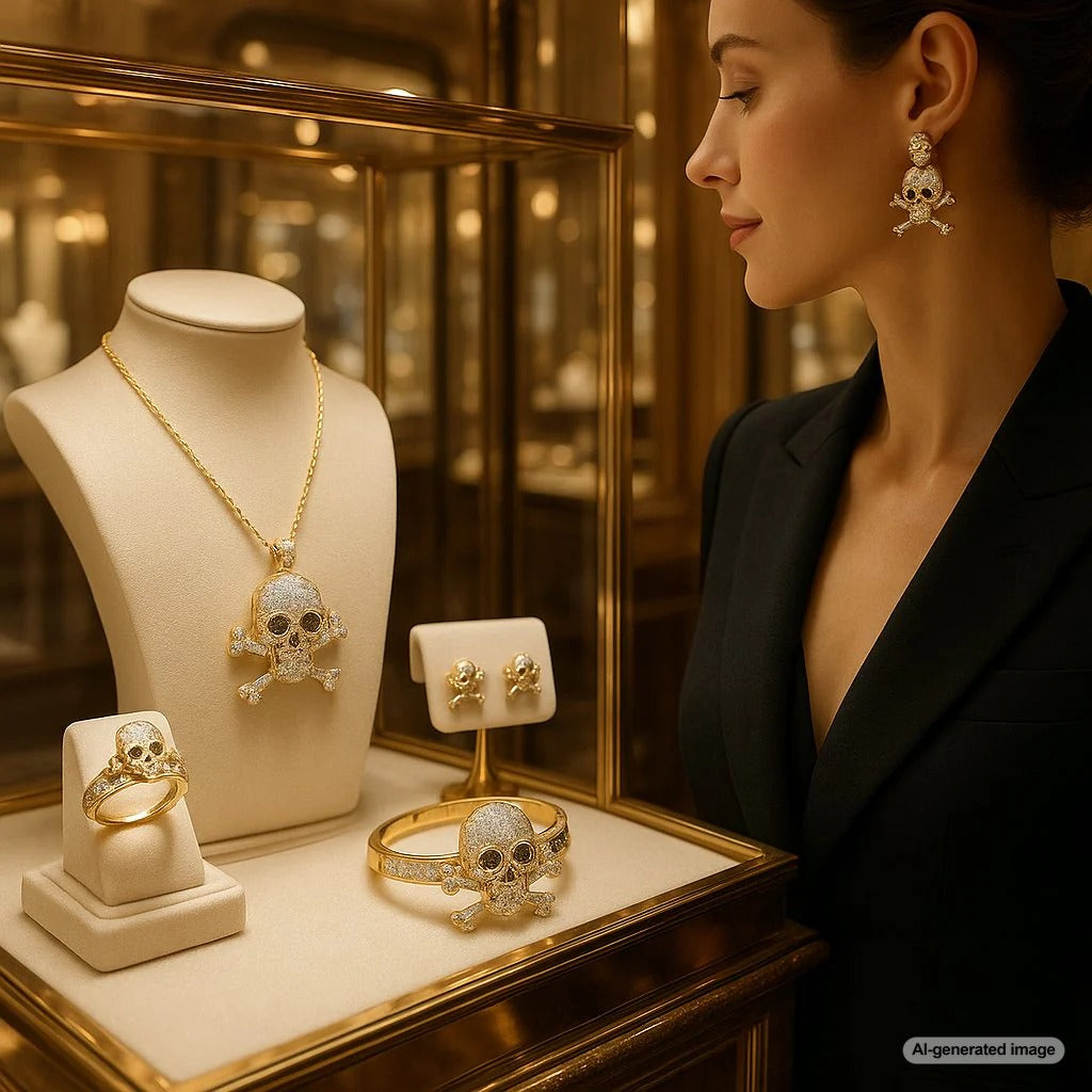 Modern luxury skull and crossbones jewelry featuring diamonds and precious metals