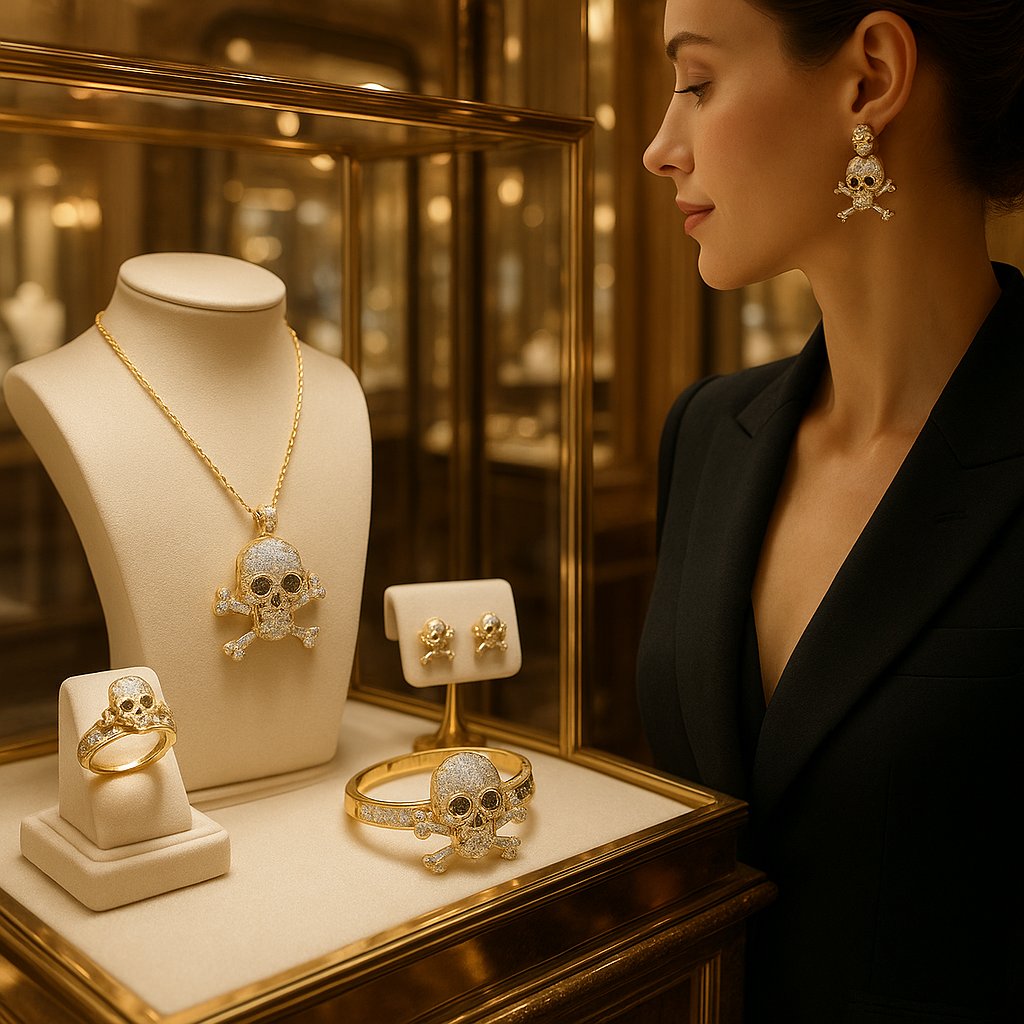 Modern luxury skull and crossbones jewelry featuring diamonds and precious metals