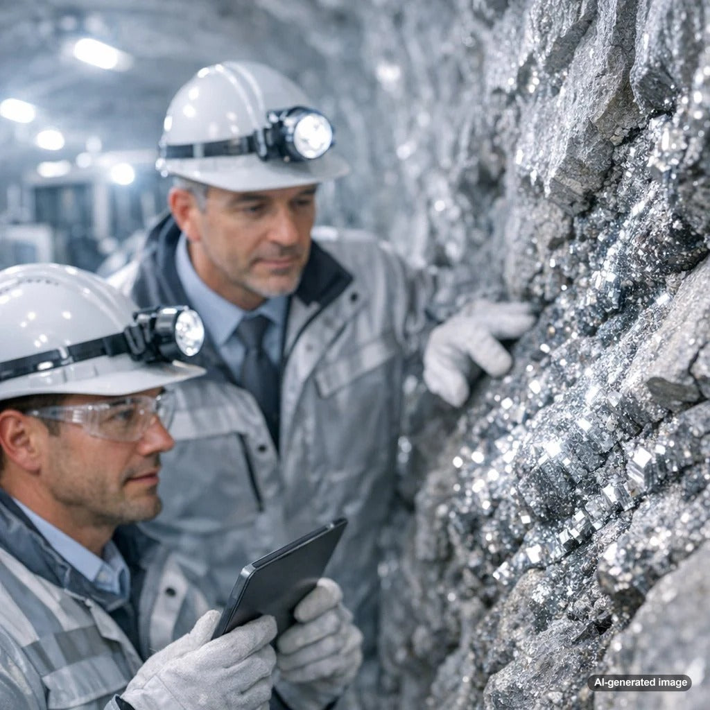 A close-up, dramatic image of raw platinum ore next to a beautifully polished platinum engagement ring, showcasing the journey from mine to masterpiece.