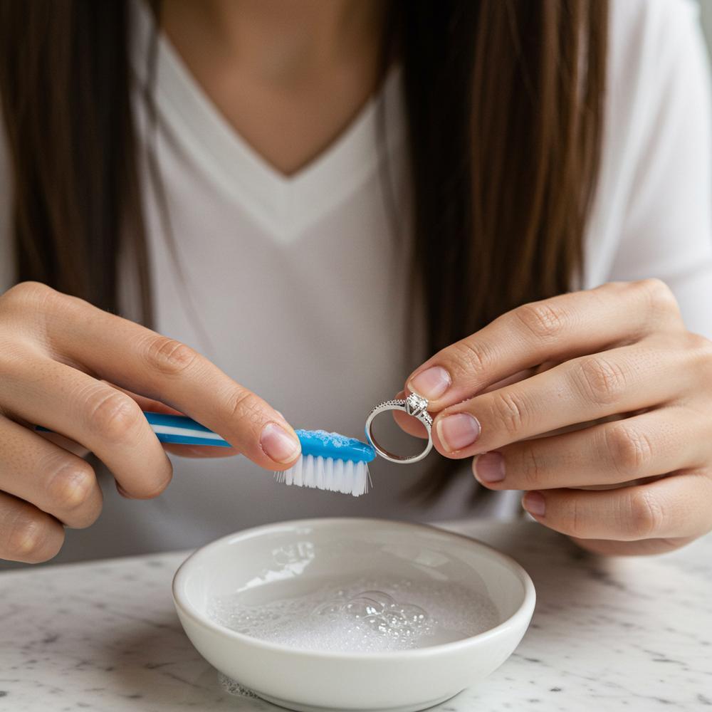 Professional jeweler cleaning a brilliant cut diamond ring to restore its sparkle
