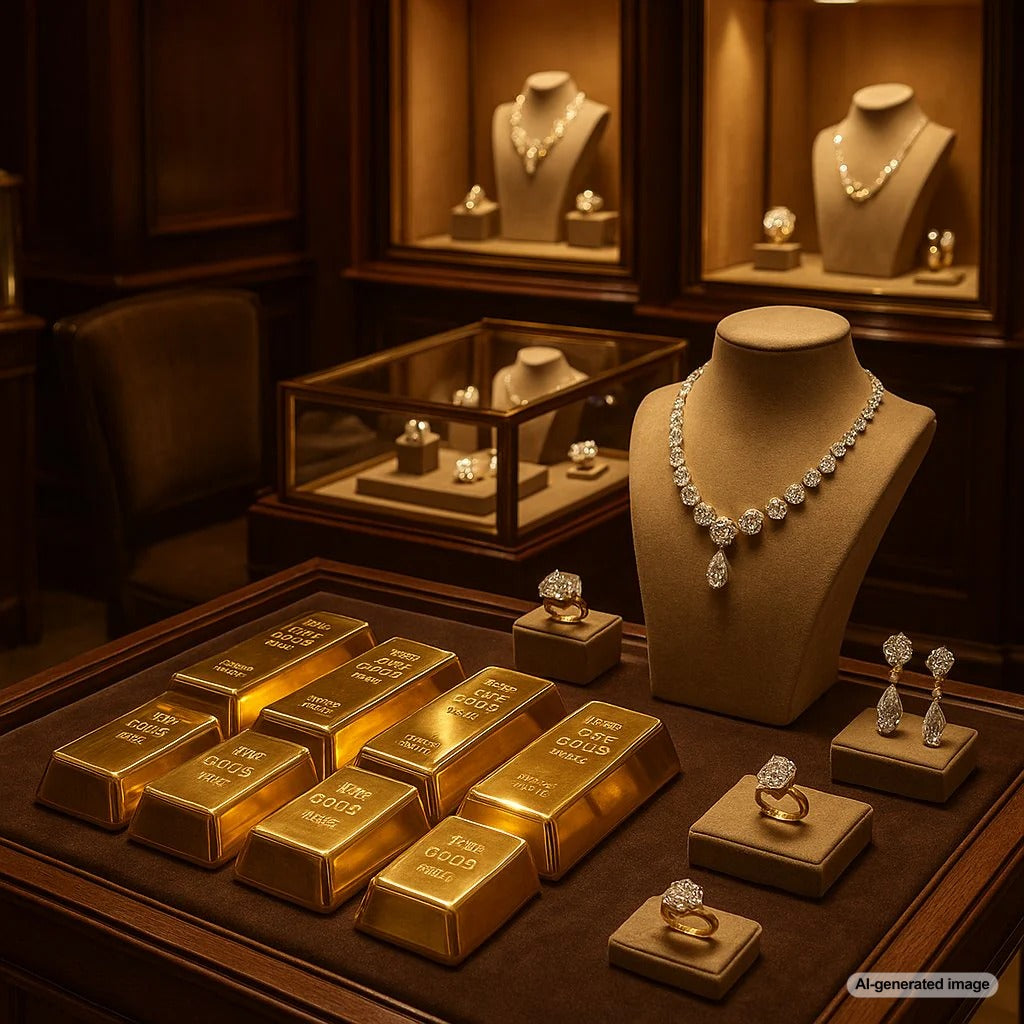 Assorted gold jewelry including rings, necklaces and coins arranged on a velvet display