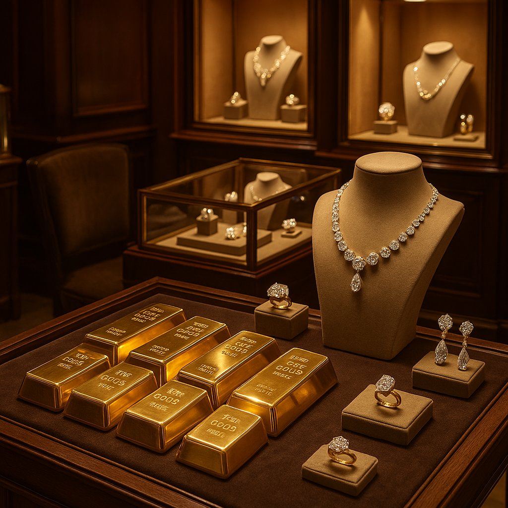 Assorted gold jewelry including rings, necklaces and coins arranged on a velvet display