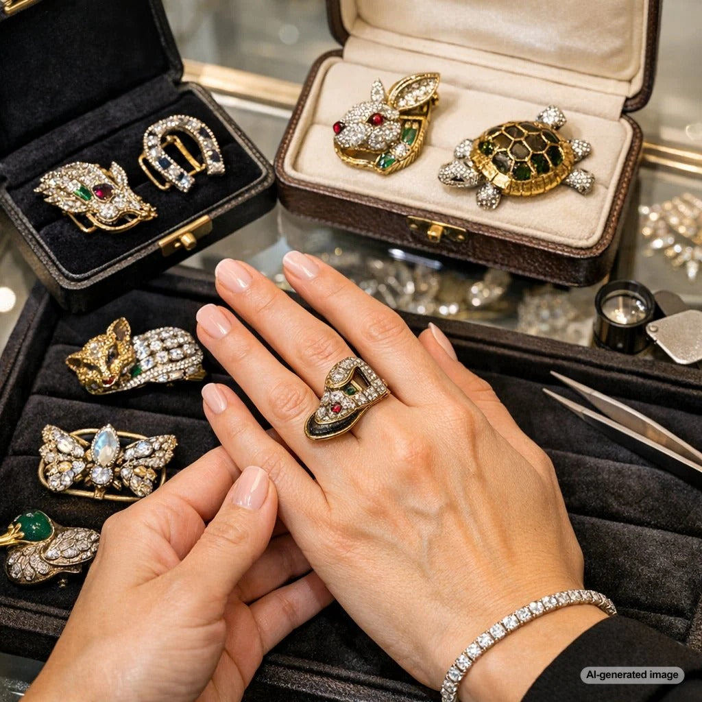 A curated collection of antique silver shoe buckles and animal-shaped decorative buckles displayed on a wooden surface.