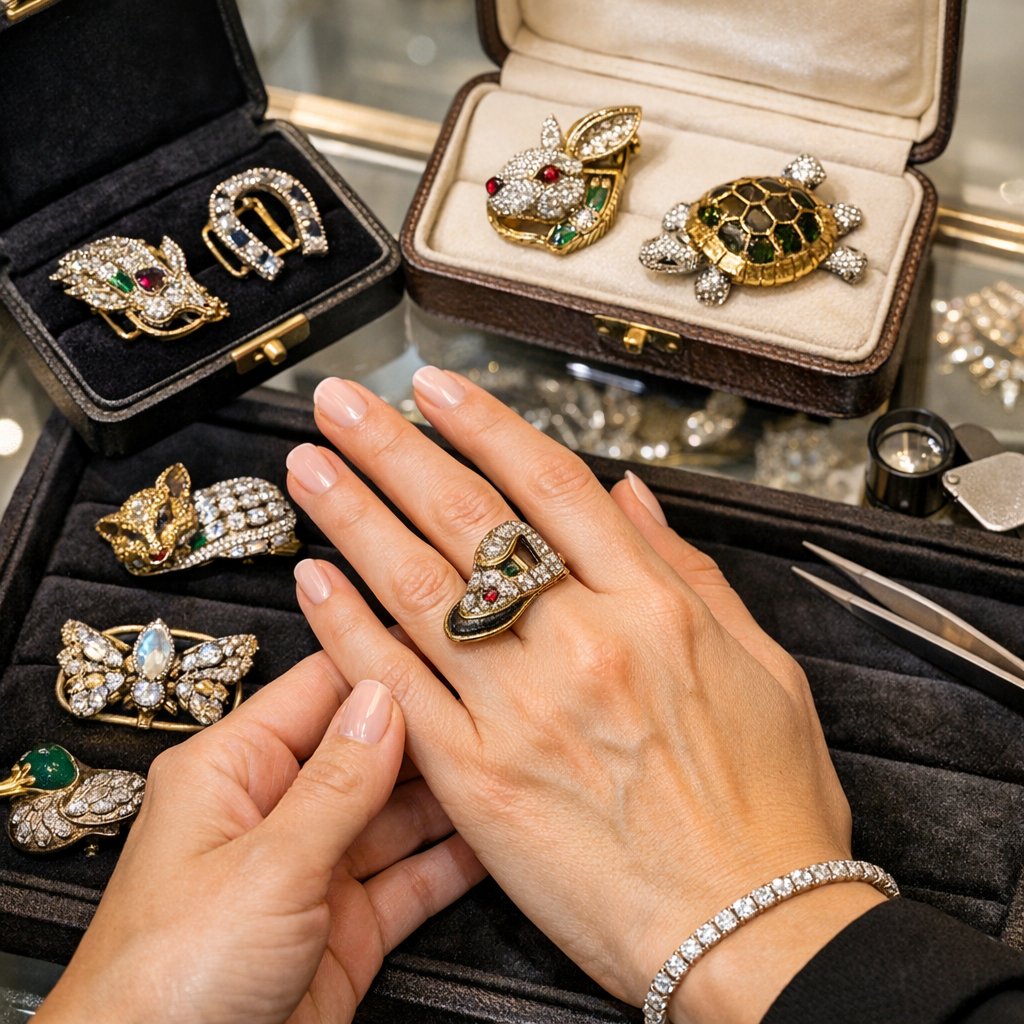 A curated collection of antique silver shoe buckles and animal-shaped decorative buckles displayed on a wooden surface.