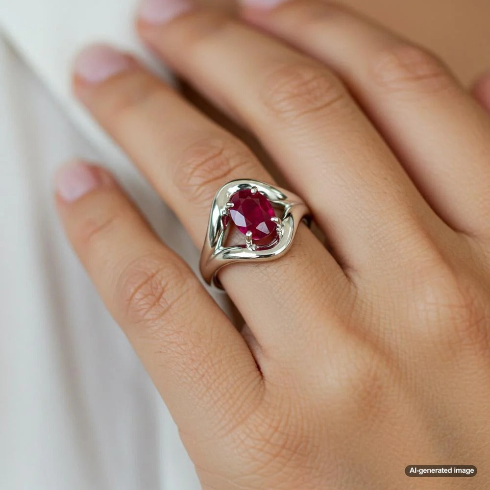 A close-up of a radiant red ruby gemstone reflecting light, showcasing its rich color and brilliance.